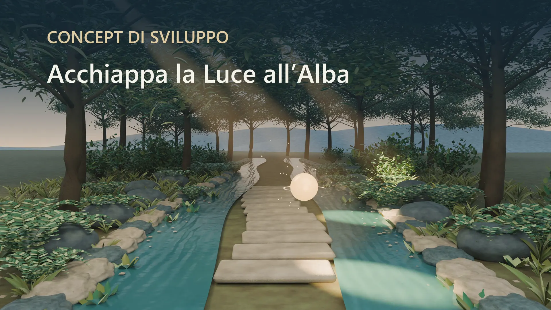 Frame del concept film Bedside Rehab: sentiero immersivo tra alberi e acqua con una sfera di luce, titolo Acchiappa la Luce all’Alba